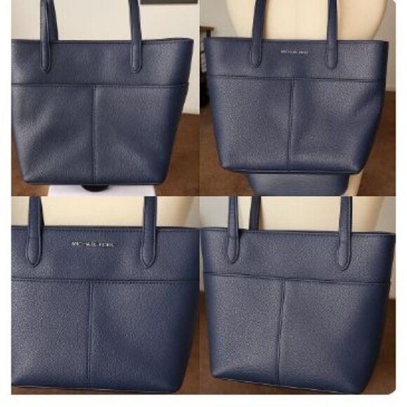 Michael Kors Logo Navy Blue Leather Tote Bag Purse | Dual Handles Front Pockets - Picture 7 of 15